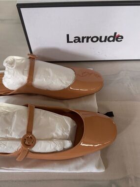 Larroude Patent Mary Jane Flats in Tan